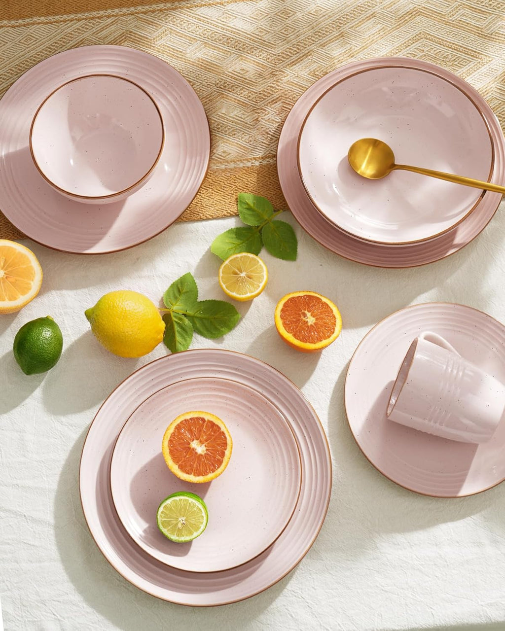 Famiware Jupiter 24-Piece Stoneware Dinnerware Set, Handcrafted Plates and Bowls with Speckles & Embossed Swirls, Chip/Scratch Resistant, Microwave/Dishwasher Safe, Rustic Dishes, Service for 8, Pink