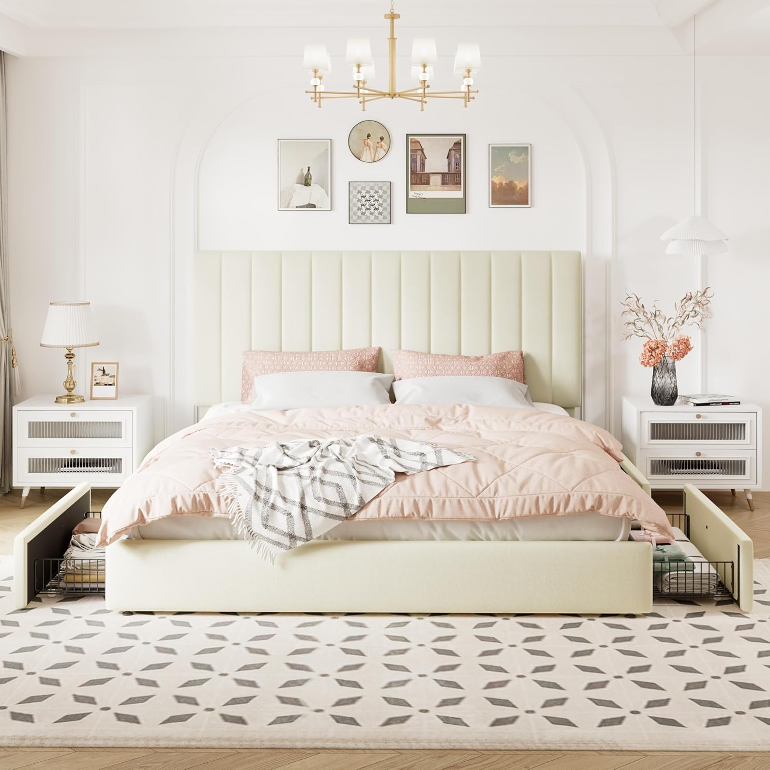 Allewie King Size Storage Bed Frame, Vertical Channel Tufted Adjustable Headboard, Velvet Upholstered Platform Bed with 4 Oversized Underbed Drawers, Wooden Slats Support, No Box Spring Needed, Cream