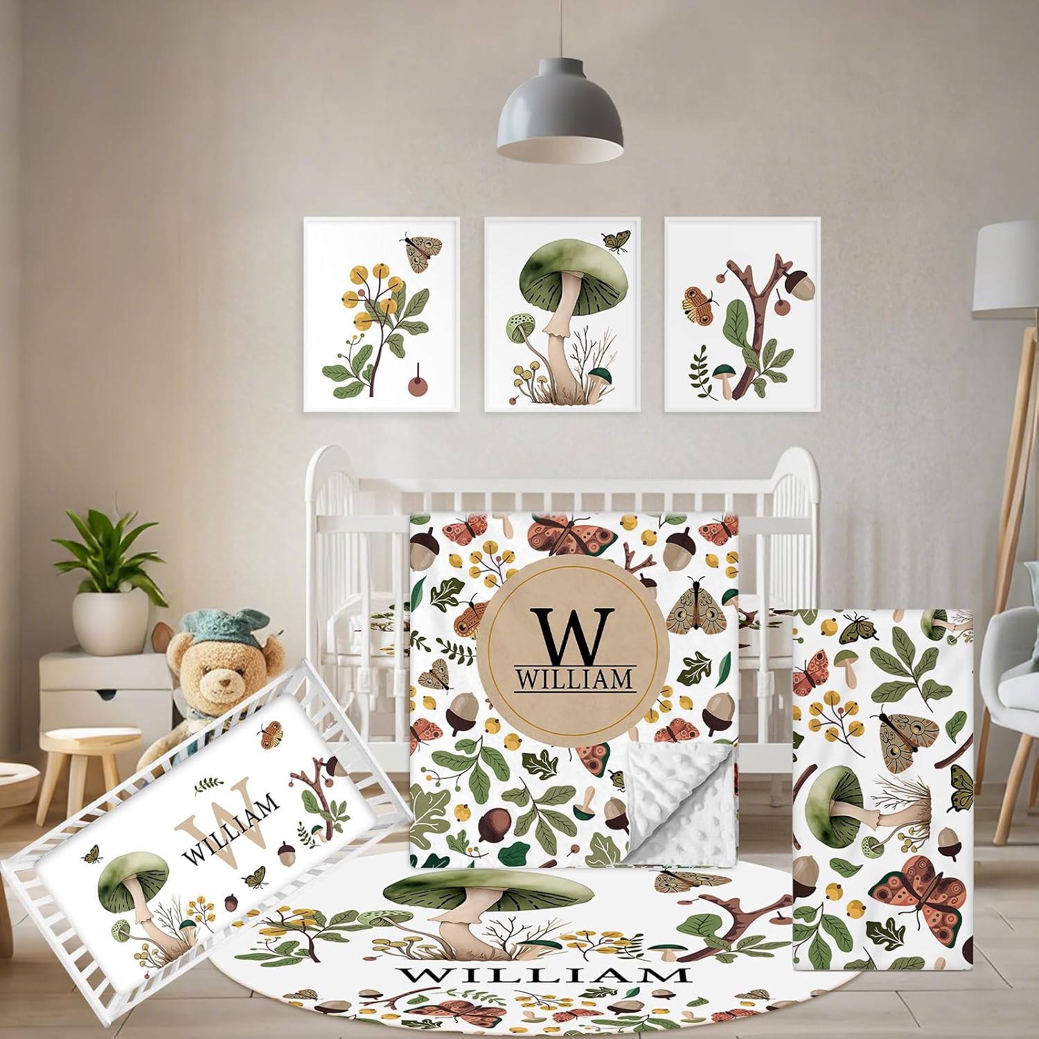 Terwex Personalized Crib Bedding Set, 5 Pcs Custom Nursery Bedding Sets with Name, Infant Bedding Set for Baby Boy Girl, Mushroom Double Layer Baby Crib Set, Babies Toddlers Kids Customized Gifts