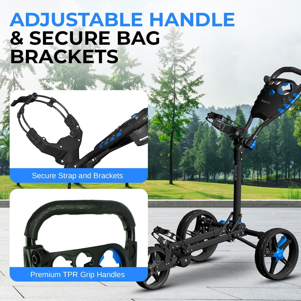 SereneLife Golf Cart Lightweight Foldable Golf Push Cart - Aluminum Folding Trolley with Adjustable Handle, Elastic Bag Straps, Dual Brakes, Scorecard & Cup Holders for Easy Maneuverability