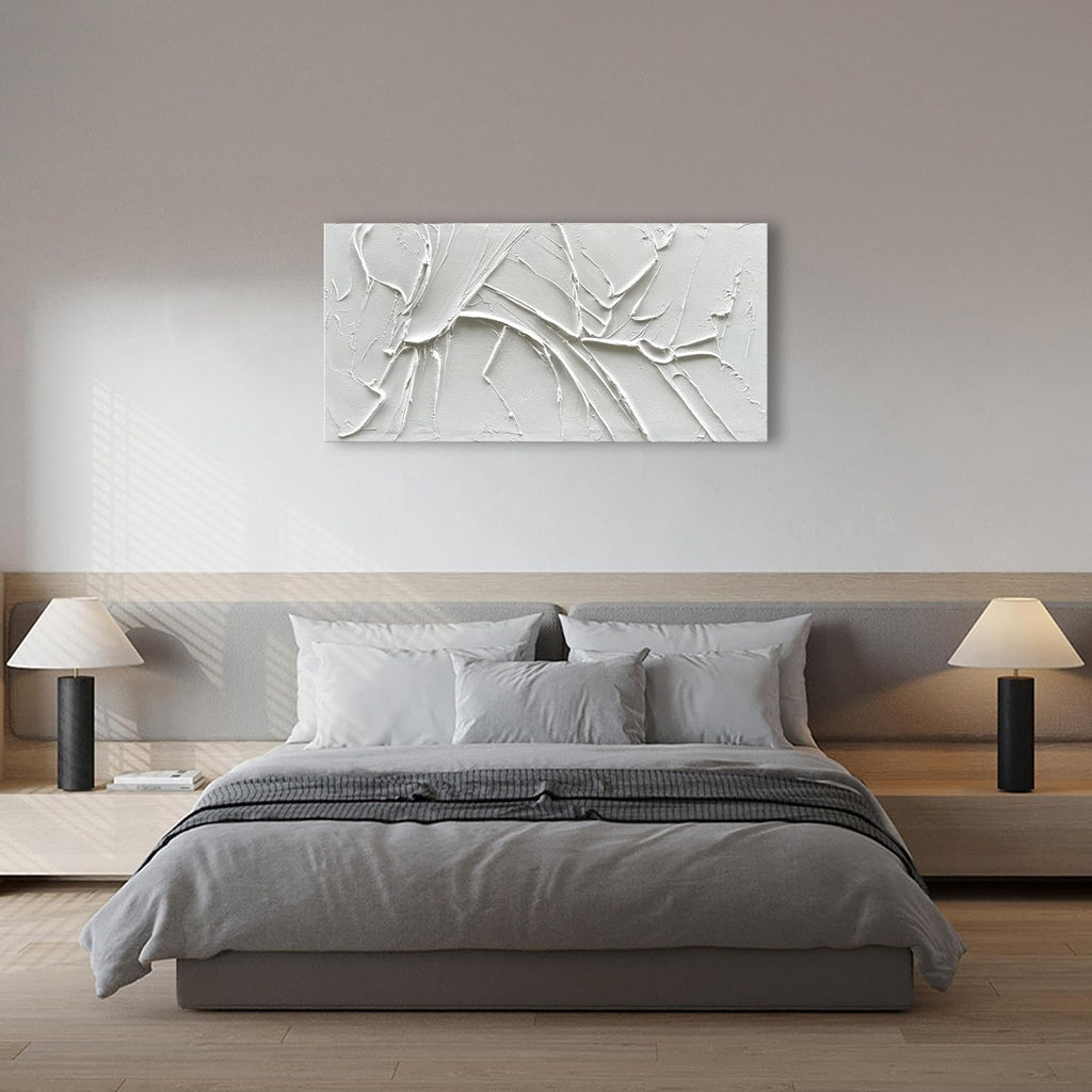 NANKAI Hand-Painted Thick Texture White Minimalist Oil Painting 24x48 Inches Contemporary Abstract Art Oil Painting, Home, Office Wall Decoration Art
