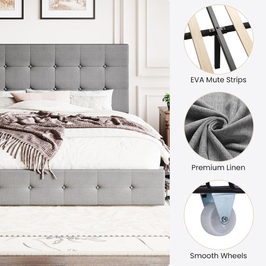 SHA CERLIN Upholstered King Size Platform Bed Frame with 4 Storage Drawers, Adjustable Headboard with Square Stitched Button Tufted Design, Wooden Slat Support, No Box Spring Needed, Light Grey