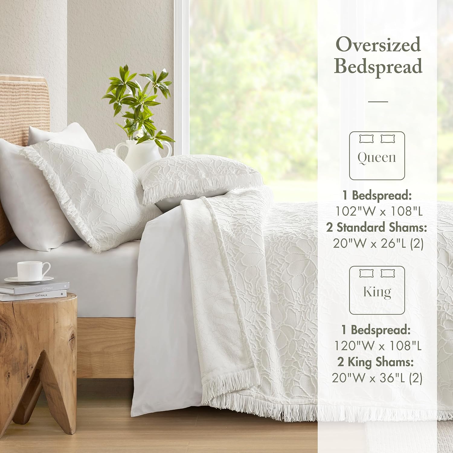 Madison Park King Bedspread Oversized Chenille Floral Bespread with Fringes, King Bedding Set Cozy Quilt, All Season Lightweight Soft King Size Bedspread, Willow, King White 3 Piece