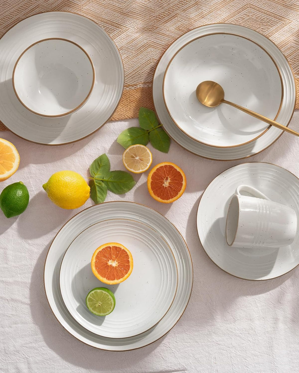 Famiware Jupiter 16-Piece Stoneware Dinnerware Set for 4 - Includes Pasta Bowl & Dinner Plate, Handcrafted Dishes with Speckles & Embossed Swirls, Chip & Scratch Resistant, Daily & Formal Use, White