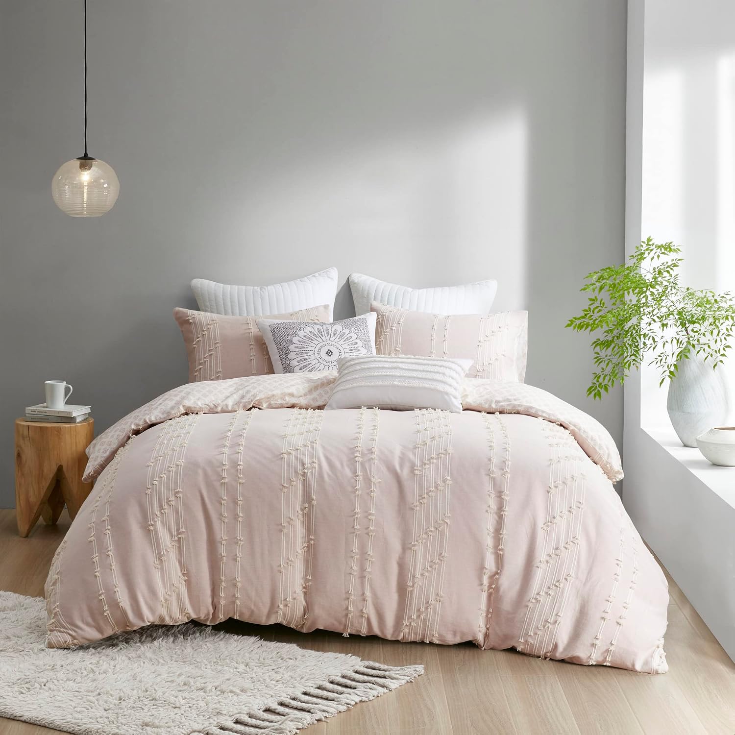 INK+IVY Kara 100% Cotton Duvet Mid Century Modern Design, All Season Comforter Cover Bedding Set, Matching Shams, Full/Queen, Jacquard Stripes Blush 3 Piece