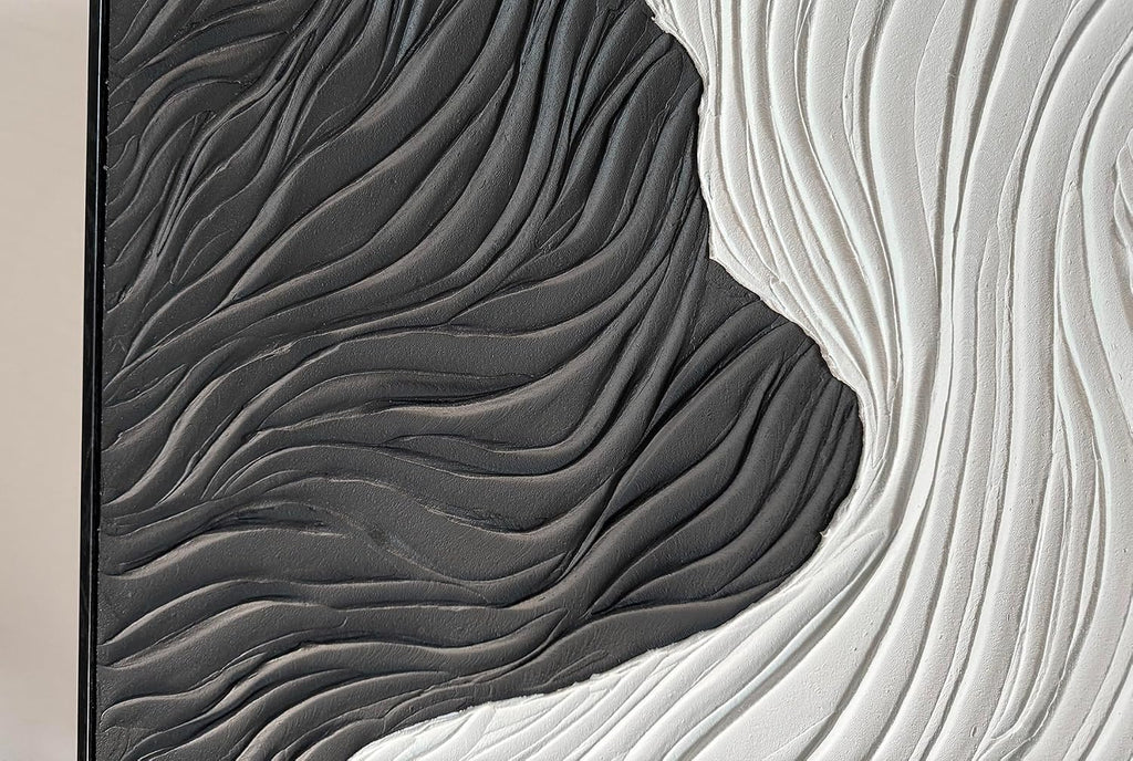 Boiee Art,24x36Inch Handmade Abstract Ocean Wave Art on Canvas Minimalist Black White Oil Painting Vertical Modern Black Framed Artwork