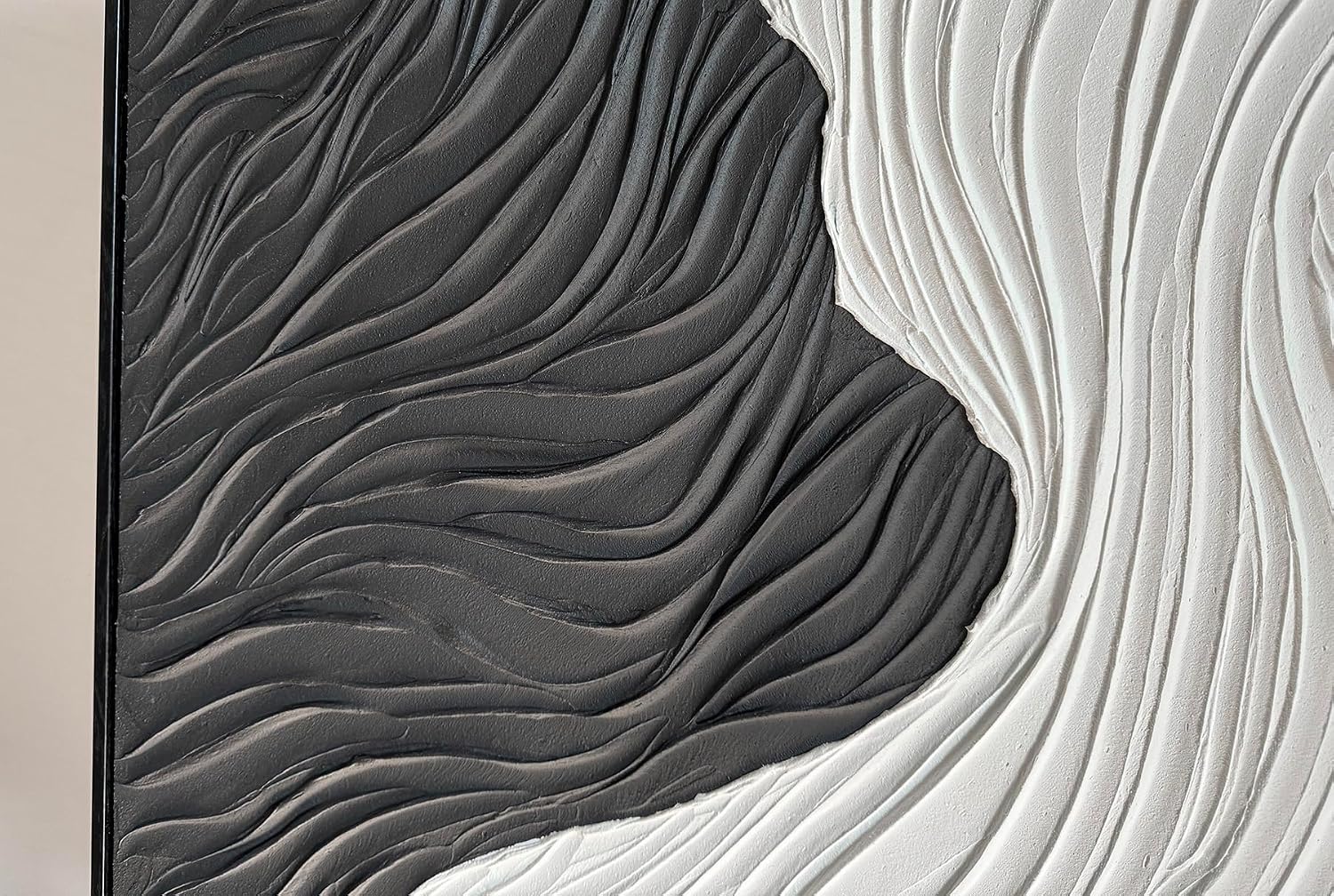 Boiee Art,24x36Inch Handmade Abstract Ocean Wave Art on Canvas Minimalist Black White Oil Painting Vertical Modern Black Framed Artwork