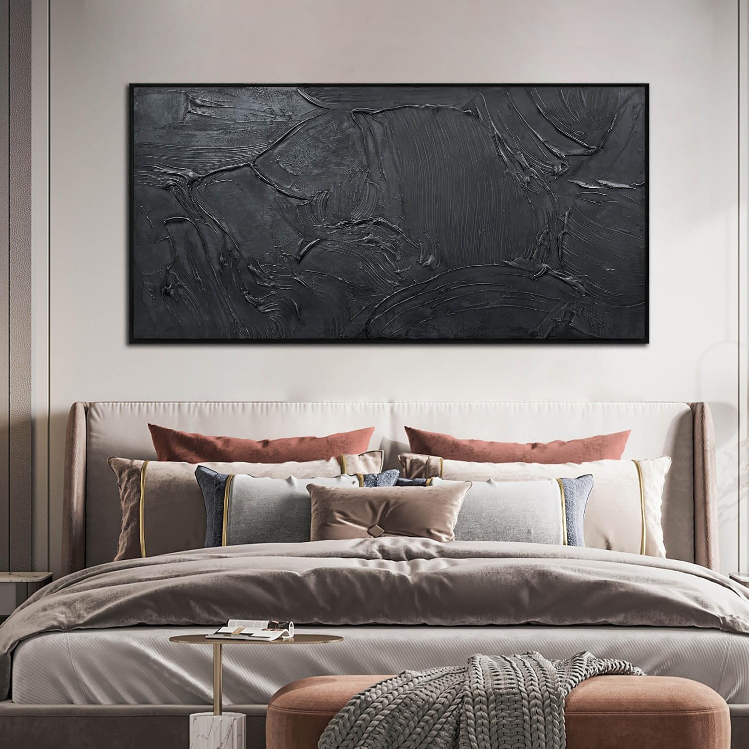 HUBOSKN Black Abstract Hand Painted Wall Art for Living Room - Minimalist Large Canvas Wall Art for Office - Frames Wall Decor Bedroom Size 29' x 59'