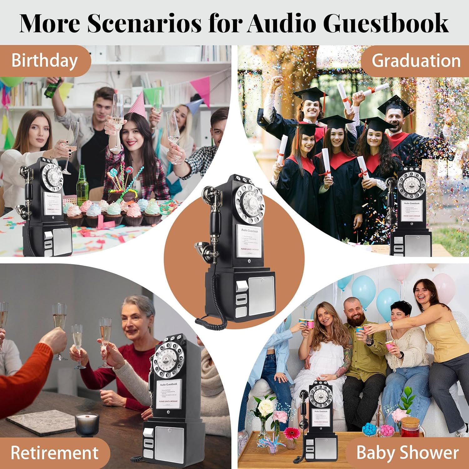 Audio Guest Book Wedding Phone with Vintage Design, Record Customized Audio Message Guest Book for Wedding, Party and Gathering, Black