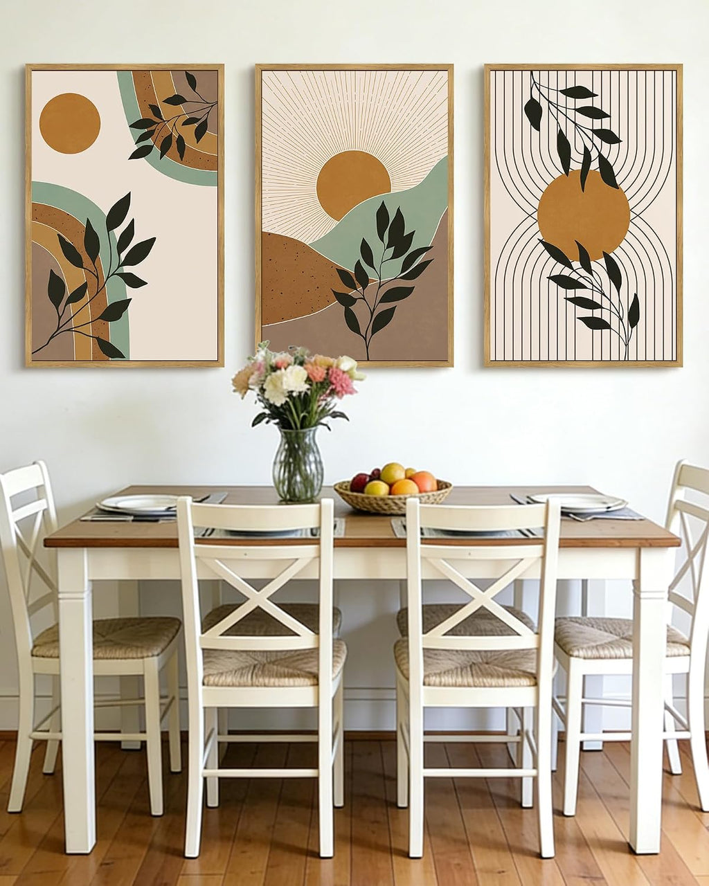 PHOPAGO Boho Wall Art Sage Plant Botanical Framed Wall Printing Large 24x36in Minimalist Bohemain Abstract Canvas Prints with Leaf & Sun Lines - Natural Framed