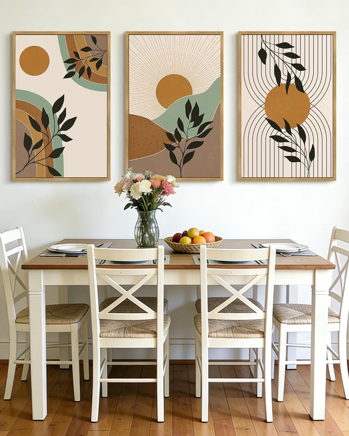 PHOPAGO Boho Wall Art Sage Plant Botanical Framed Wall Printing Large 24x36in Minimalist Bohemain Abstract Canvas Prints with Leaf & Sun Lines - Natural Framed