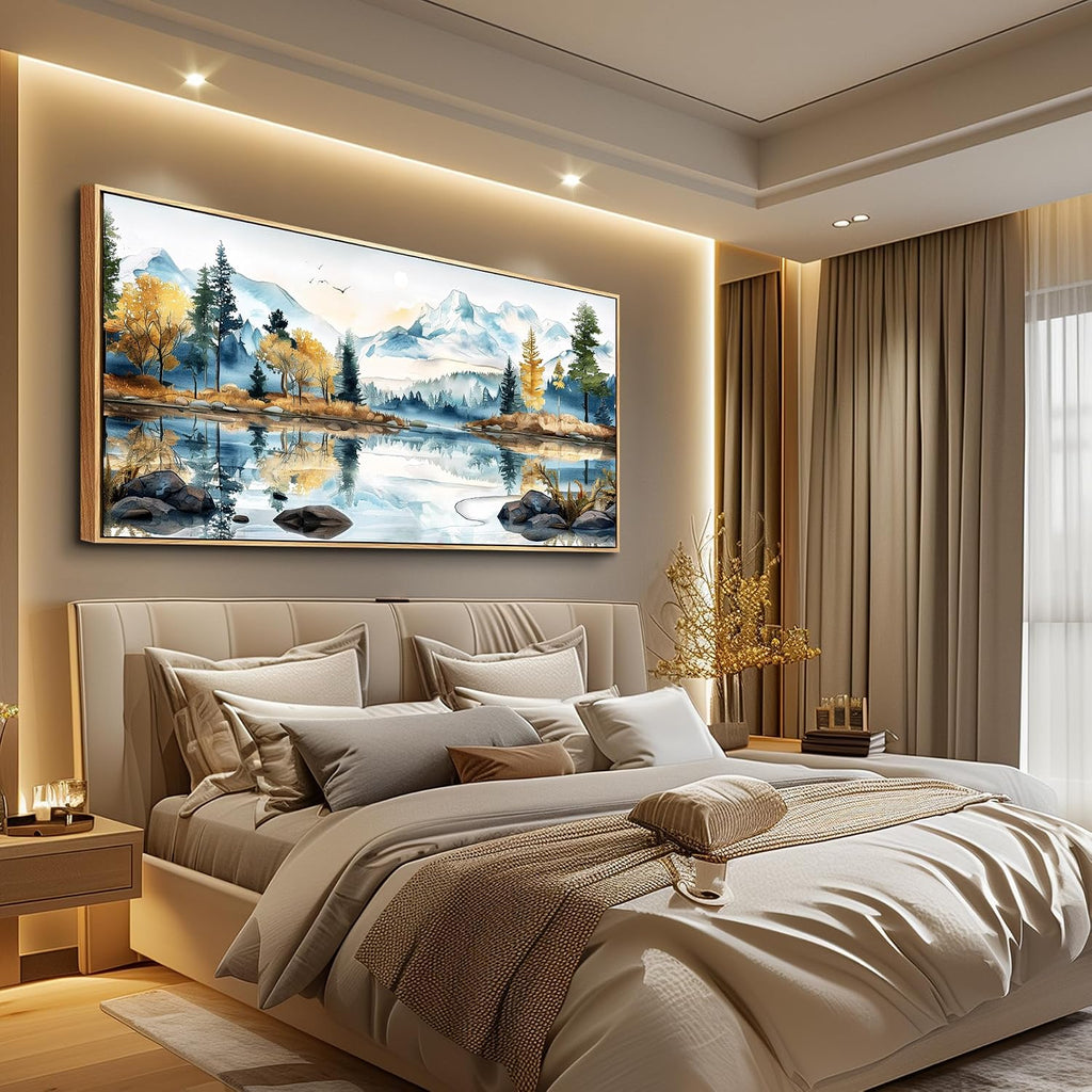ERQINHUA Large Canvas Wood Framed Abstract Wall Art Living Room Wall Decor for Bedroom Office Decoration Watercolour Paint Tree Lakeside Landscapes Picture Artwork Home Decor Ready to Hang 30x60 In