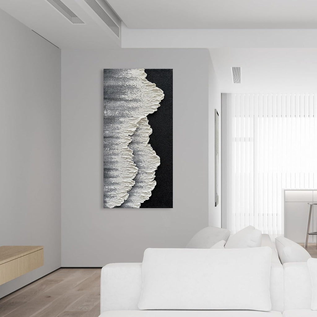 NANKAI Art Hand-Painted 3D Ocean Wave Oil Painting Natural Landscape Black and White Abstract Canvas Art Mural Family Wall Art Deco 48x24 inches