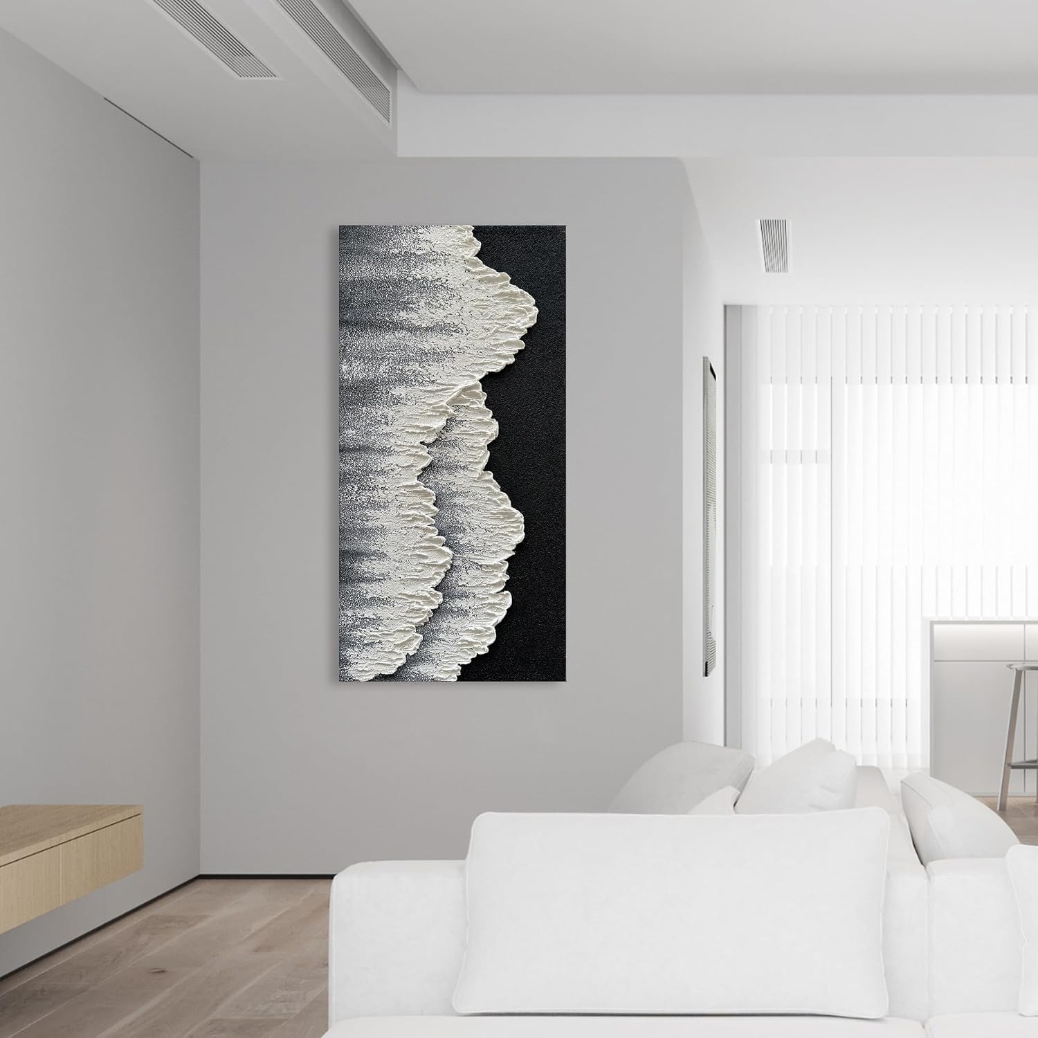 NANKAI Art Hand-Painted 3D Ocean Wave Oil Painting Natural Landscape Black and White Abstract Canvas Art Mural Family Wall Art Deco 48x24 inches