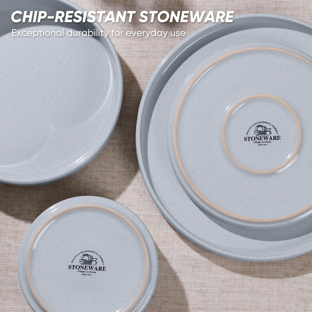 E-far Dinnerware Sets with Pasta Bowls, 24-Piece Stoneware Plates and Bowls Sets for 6 | Microwave & Dishwasher Safe Kitchen Modern Dish Set, Speckled Gray