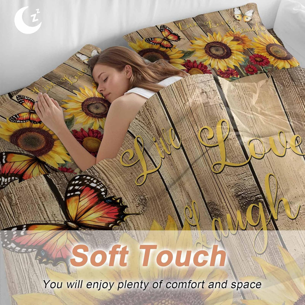 Flowers Duvet Cover Set Queen Size 4 Pieces Watercolor Yellow Sunflower Red Chrysanthemum Floral Wood Grain Bedding Set with Zipper Closure,1 Comforter Cover 86x86 Inches 1 Flat Sheet & 2 Pillow Cases