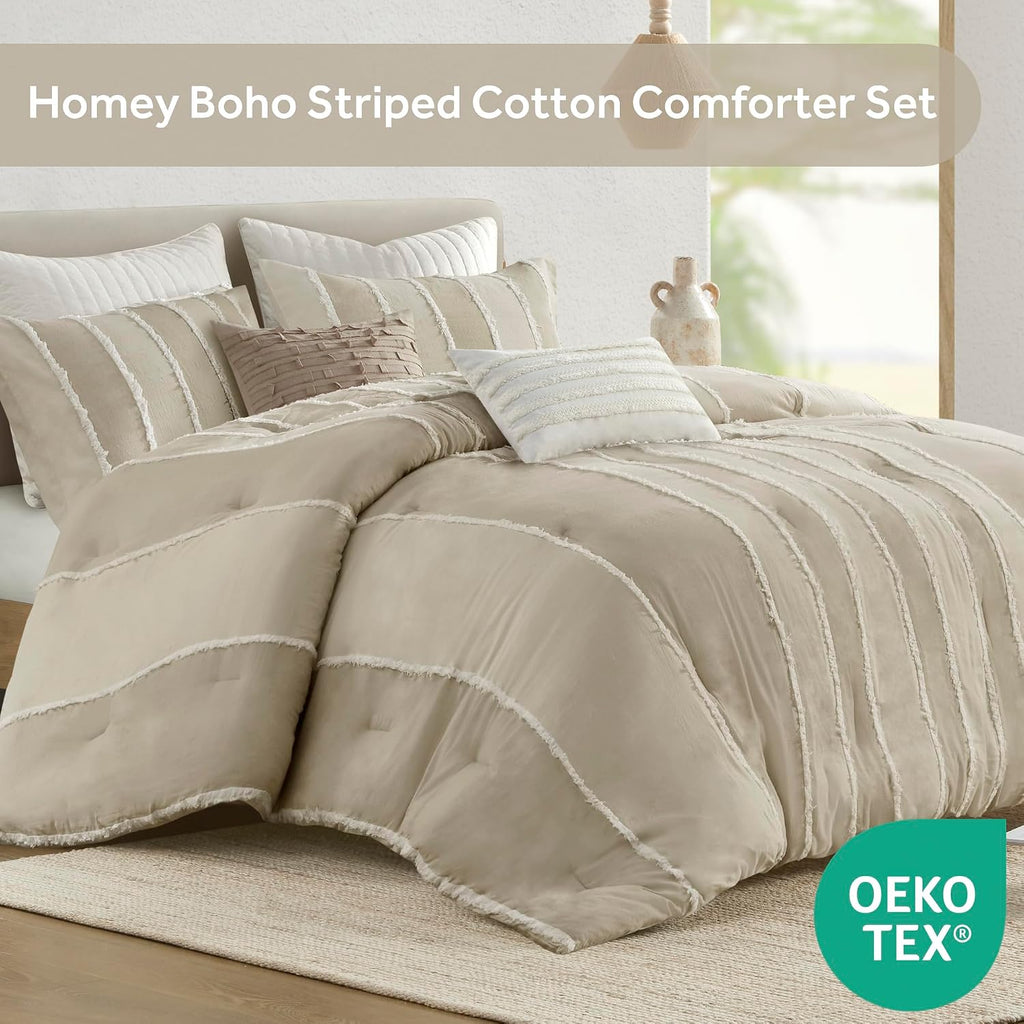 Ink+Ivy Queen Comforter Set Boho Comforters Stripes, Clipped Jacquard, Cotton Comforter for Queen Size Bed, All Season Poly Fill Lightweight Queen Bedding & Shams, Shay, Full/Queen, Taupe 3 Piece