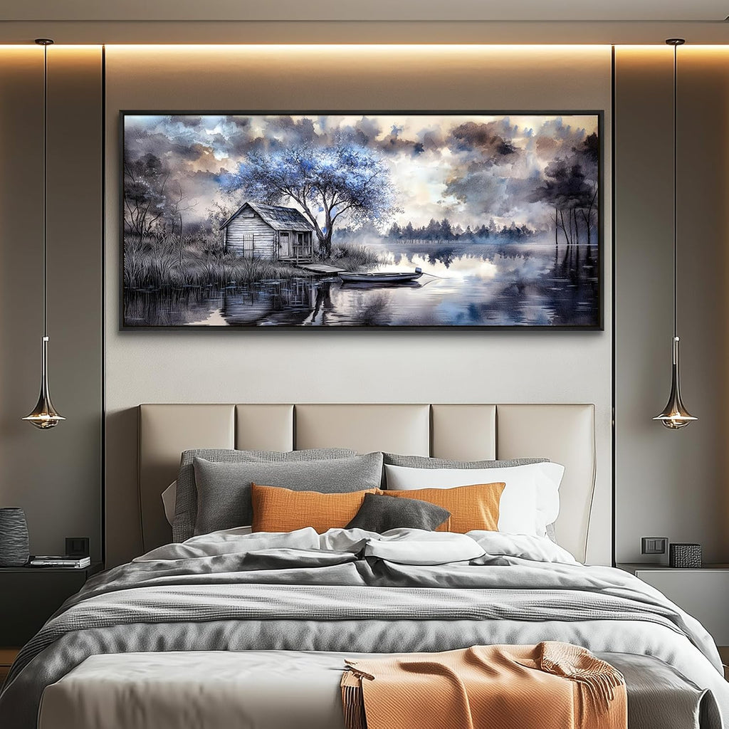 ERQINHUA Large Canvas Blue Tree Lakeside Landscape Painting Wall Decor For Living Room Restaurant Wall Art For Office Bedroom Artwork Pictures Modern Home Decor Ready To Hang Black Framed 32x72 In