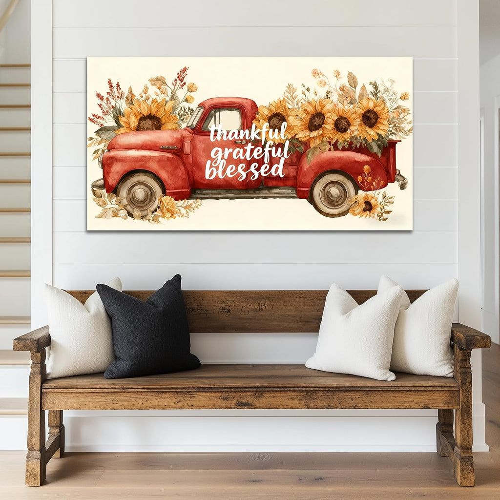 TIMUBA Farmhouse Truck Wall Art, Country Red Truck Sunflower Floral Canvas Wall Decor, Vintage Truck Sunflower Painting Pictures, Rustic Old Car Artwork Prints for Home Farm Decorations 60x30 Inches