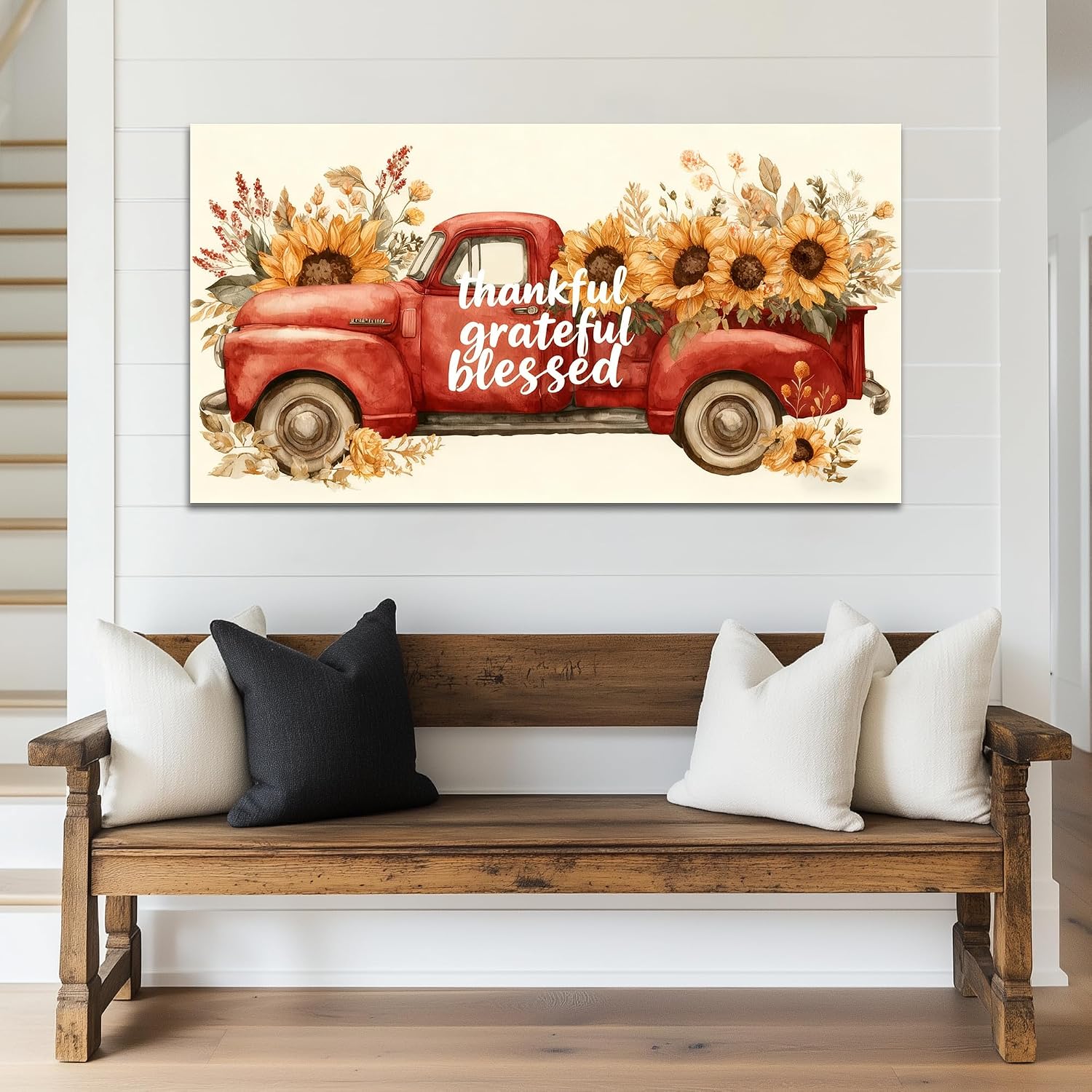 TIMUBA Farmhouse Truck Wall Art, Country Red Truck Sunflower Floral Canvas Wall Decor, Vintage Truck Sunflower Painting Pictures, Rustic Old Car Artwork Prints for Home Farm Decorations 60x30 Inches