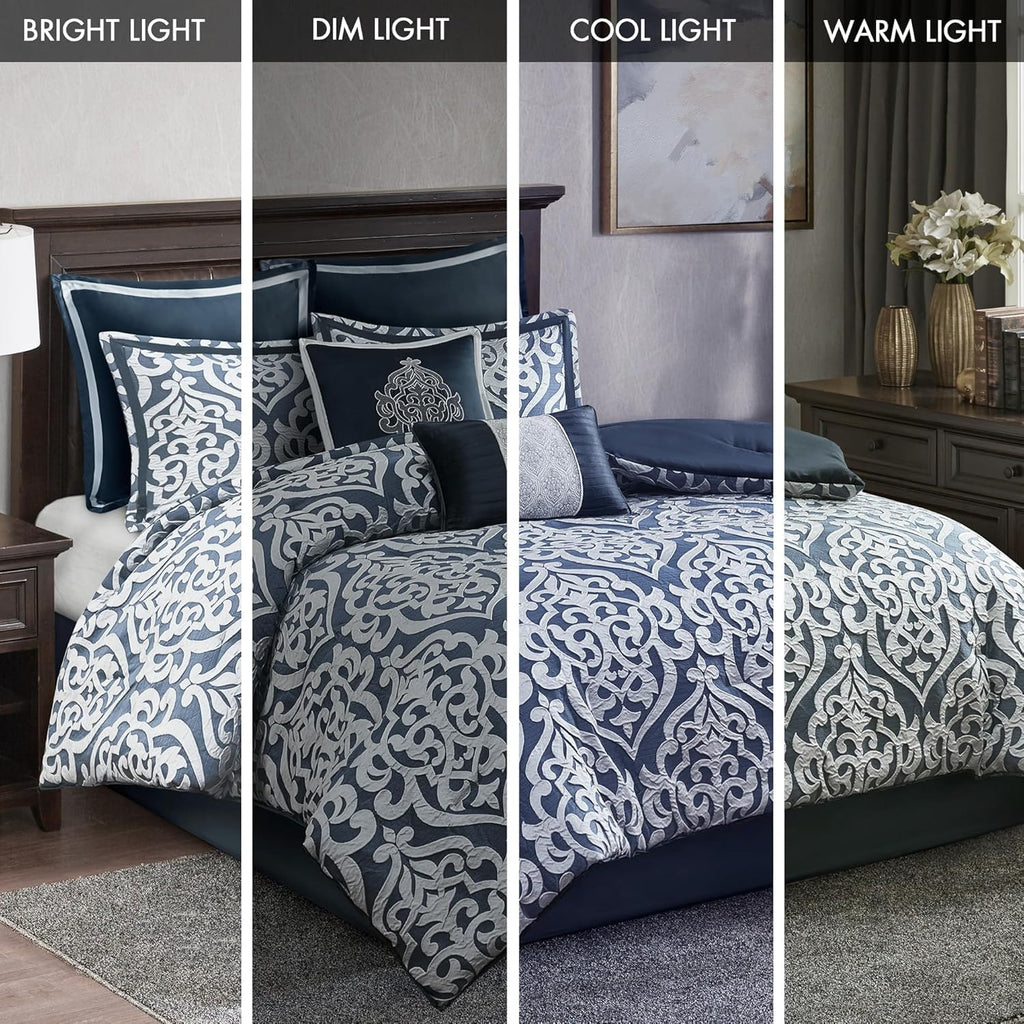 Madison Park Odette Cozy Comforter Set Jacquard Damask Medallion Design - Modern All Season, Down Alternative Bedding, Shams, Decorative Pillows, Cal King(104 in x 92 in), Navy 8 Piece