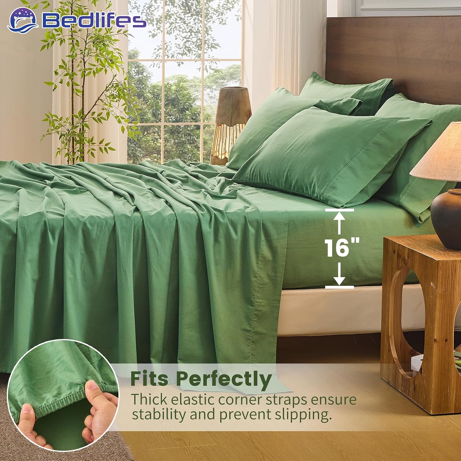 Bedlifes 100% French Pure Linen Sheets Queen Size Breathable and Cooling Flax Sheet Set Soft Durable and Moisture Wicking 16 Inch Deep Pocket-4 Piece(Queen,Sage Green)