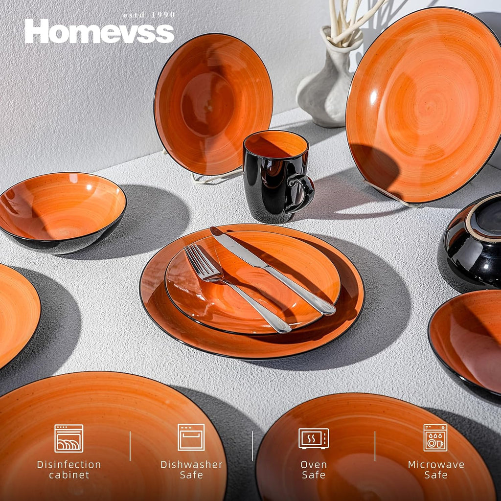 Stoneware Sonoma 56pc Dinnerware Set, Black + Speckled Spin Wash Orange