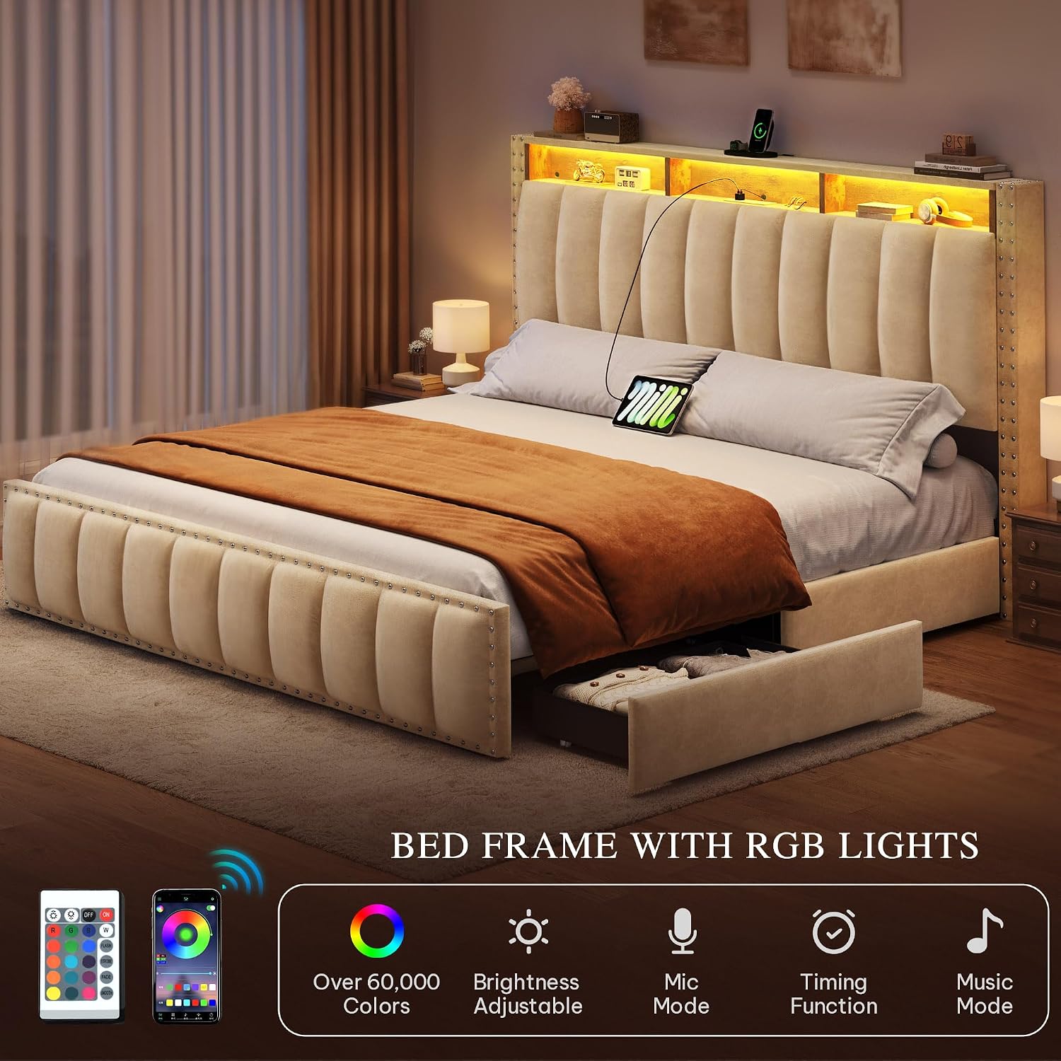 YITAHOME Full Size Bed Frame with 4 Storage Drawers and RGB LED Lights, Velvet Upholstered Platform Bed with Charging Station and Storage Headboard, No Box Spring Needed, Easy Assembly, Beige