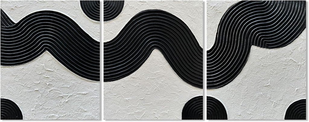 NANKAI Art Hand-Painted Abstract Oil Painting in Black and White Texture Modern Minimalist Art 24x20 Inches x 3,Home Wall Decoration Oil Painting