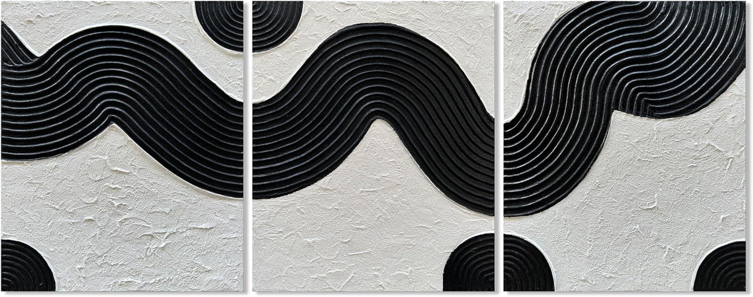 NANKAI Art Hand-Painted Abstract Oil Painting in Black and White Texture Modern Minimalist Art 24x20 Inches x 3,Home Wall Decoration Oil Painting
