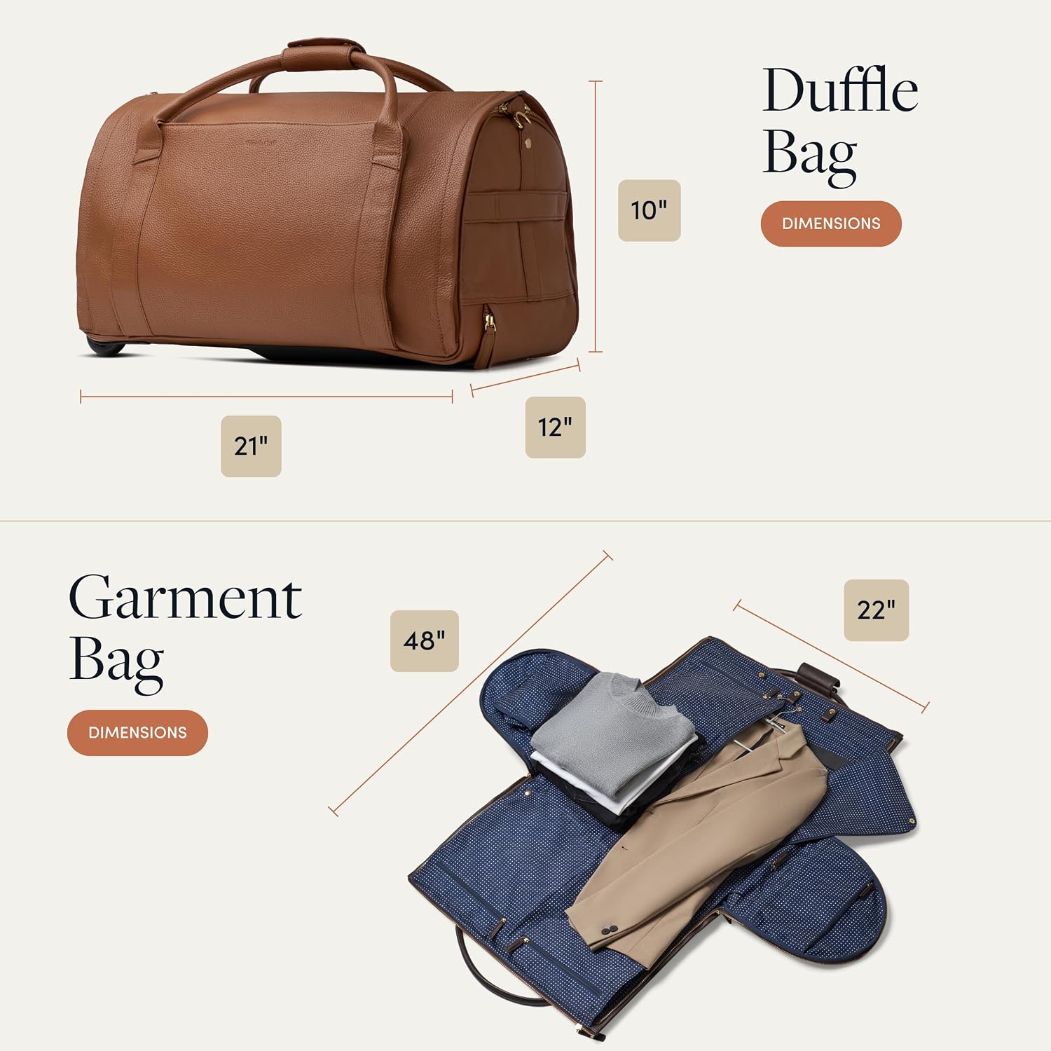 Wool & Oak - NOVA Large Duffle Bag with Wheels - Carry On Garment Duffle Bags for Travel, Overnight, Hospital - Travel Bags for Women & Men with Shoe Compartment & Tech Pocket (Leather, Sand)