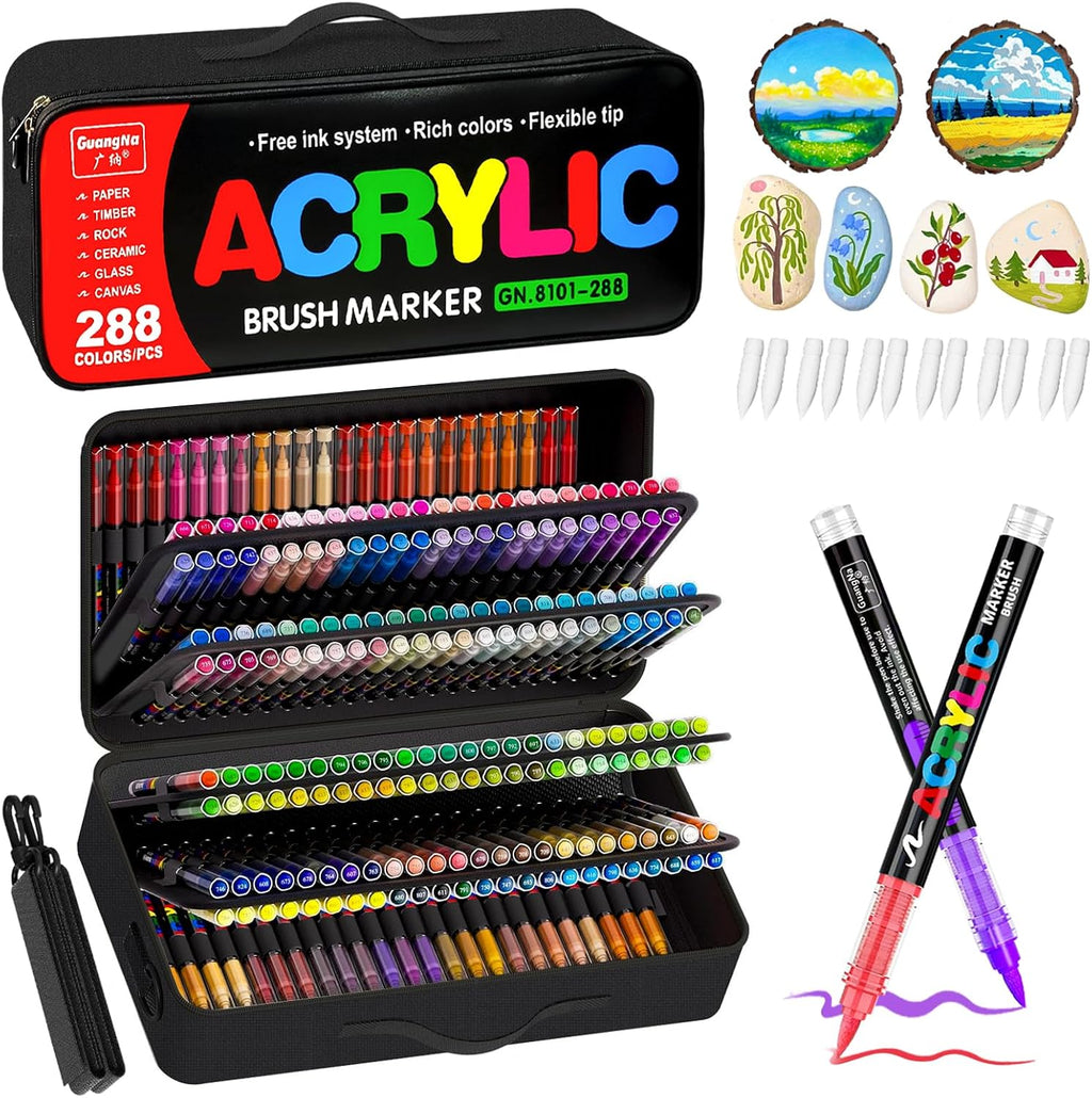Surcotto 288 Colors Acrylic Paint Markers,Acrylic Paint Pens with Direct-Liquid Ink Control System,1-6mm Soft Brush Tip Paint for Rock, Wood, Canvas, Glass, Fabric, Metal, Plastic, Paper, with Bag