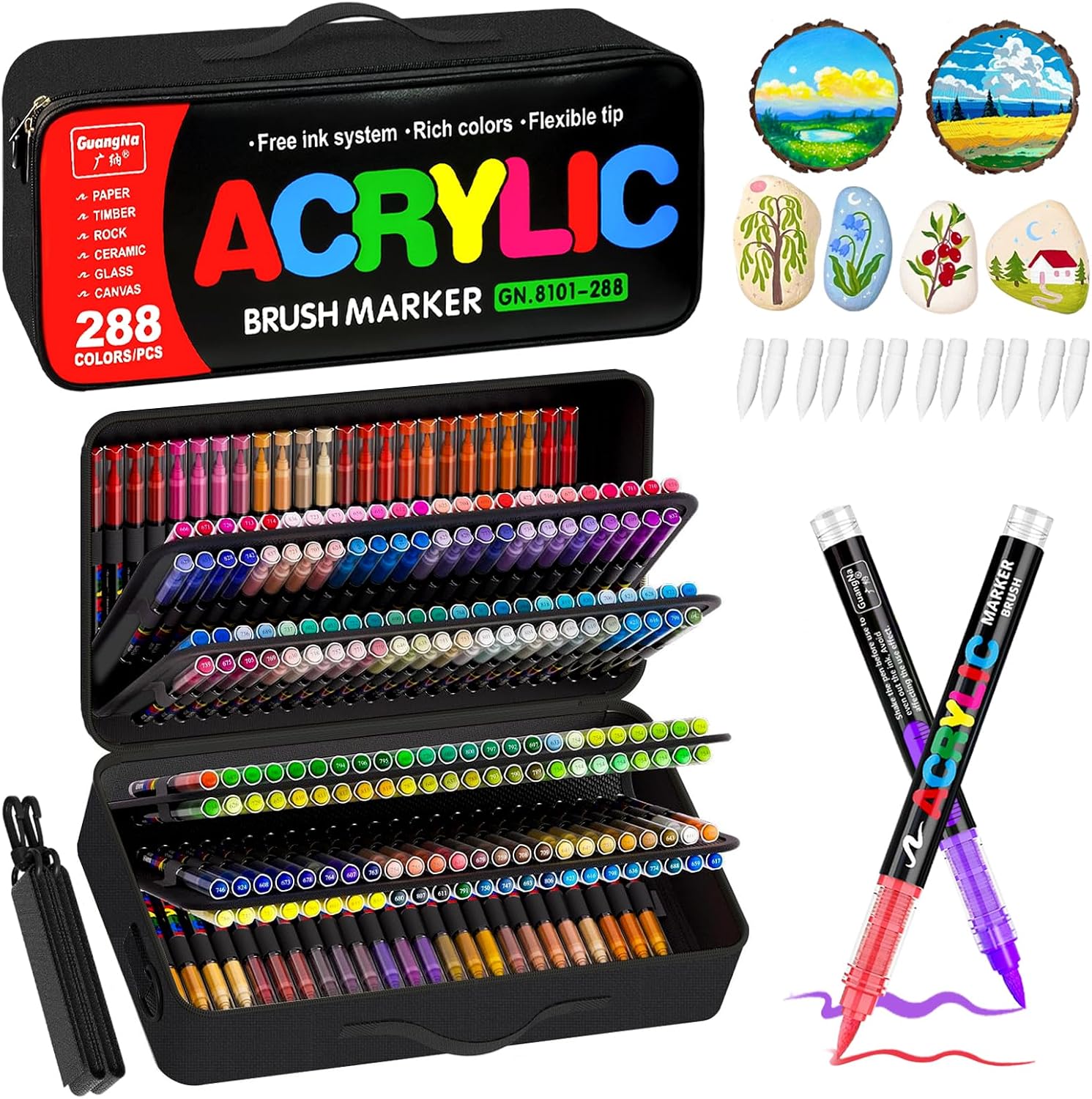Surcotto 288 Colors Acrylic Paint Markers,Acrylic Paint Pens with Direct-Liquid Ink Control System,1-6mm Soft Brush Tip Paint for Rock, Wood, Canvas, Glass, Fabric, Metal, Plastic, Paper, with Bag