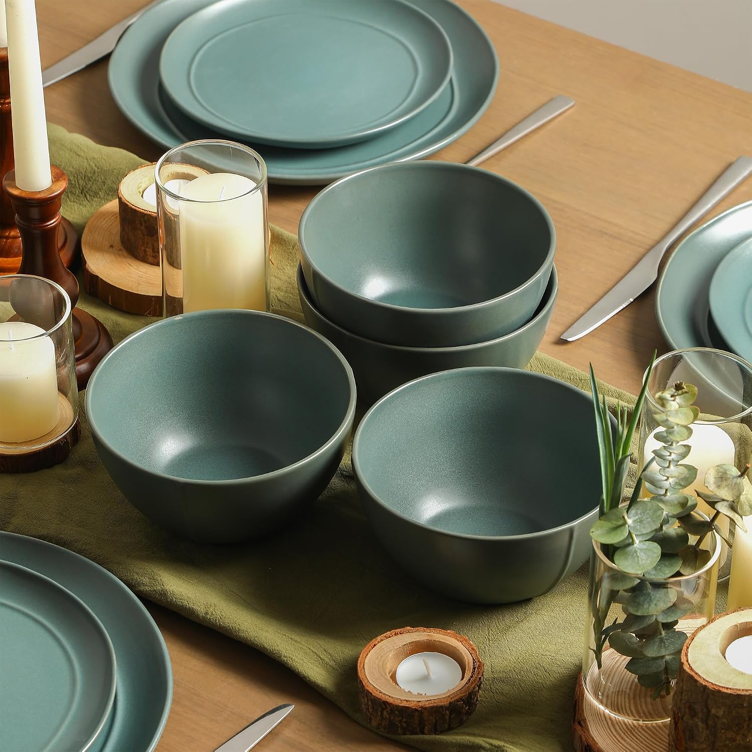 Stone Lain Infinity 24-Piece Dinnerware Set Stoneware, Plates and Bowls Set, Dishwasher and Microwave Safe, Dish Set for 8, Green
