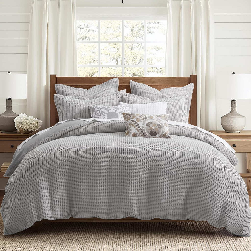 Levtex Home Mills Waffle King Duvet Cover Set (106x94in) with 2 Pillow Shams (36x20in) - Grey Pewter - Cotton King Size Duvet Cover Set - Soft, Pre-Washed