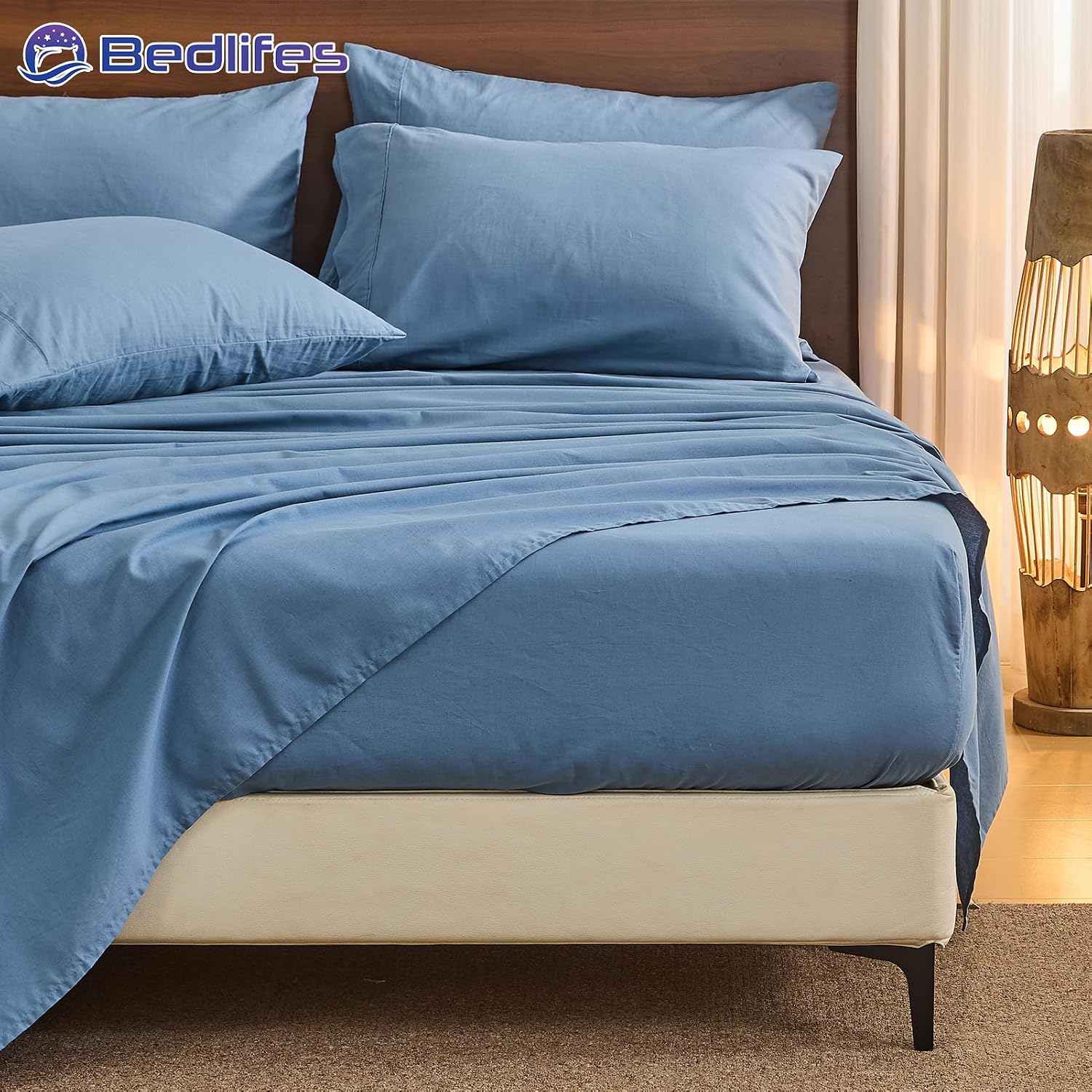 Bedlifes 100% French Pure Linen Sheets King Size Breathable and Cooling Flax Sheet Set Soft Durable and Moisture Wicking 16 Inch Deep Pocket-4 Piece(King,Flint Blue)