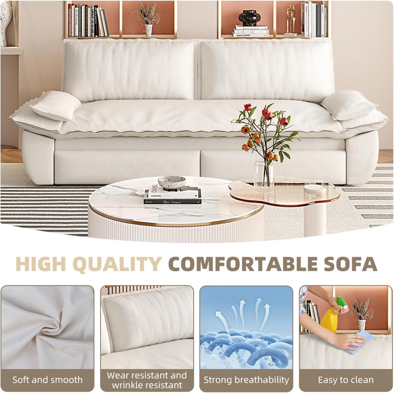 WILLIAMSPACE 73.2' Queen Pull Out Sofa Bed, 3-in-1 Velvet Convertible Sleeper Sofa Couch with 2 Soft Pillows, Multi-Functional Loveseat Bed Pull Out Couch for Living Room, Apartment (Beige)