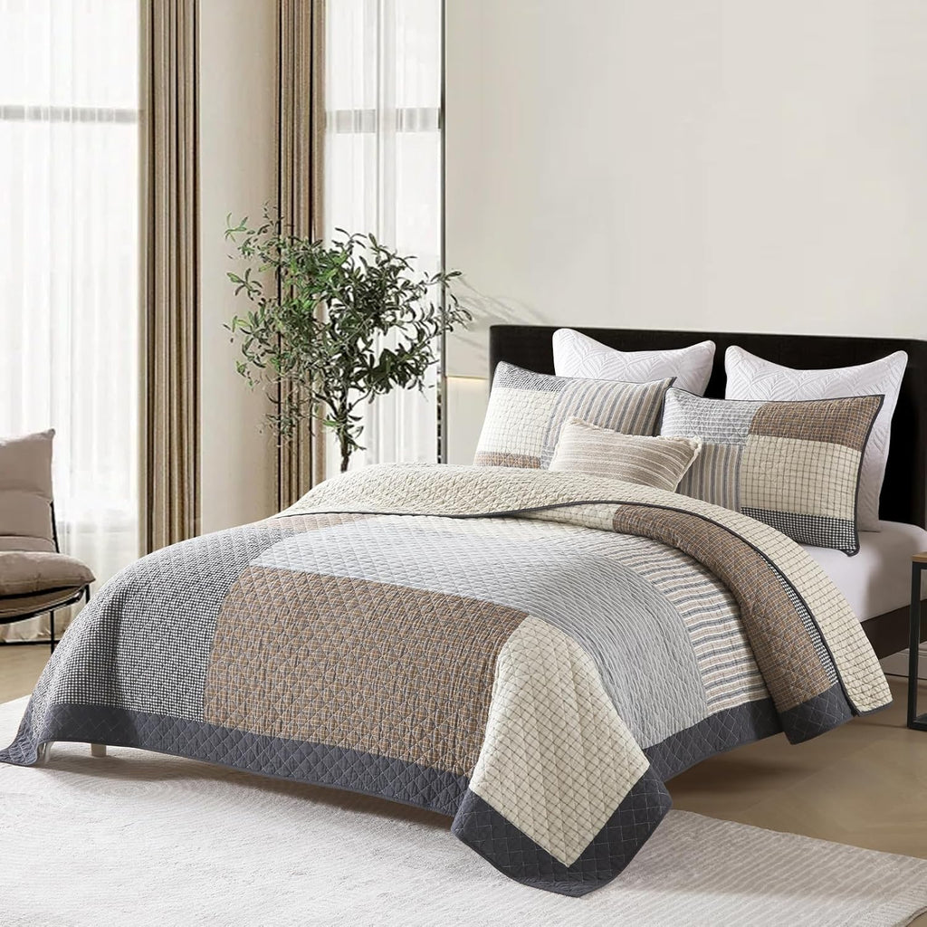 Quilts King Size - King Quilt Bedspread Sets, 100% Cotton Patchwork Quilt Bedding Set for King Bed, 3 Pieces Plaid Farmhouse Reversible Rustic Lightweight Comforter Spread, Brown/Beige/Gray