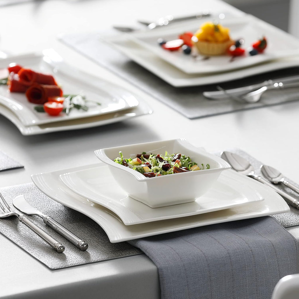 MALACASA Plates and Bowls Sets, 26 Pieces Ivory White Porcelain Dinnerware Sets without Mugs, Square Dinnerware with Dinner Plates, Bowls and Serving Platters, Modern Dish Set for 6, Series Flora