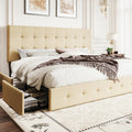 SHA CERLIN Upholstered King Size Platform Bed Frame with 4 Storage Drawers, Adjustable Headboard with Square Stitched Button Tufted Design, Wooden Slat Support, No Box Spring Needed, Beige