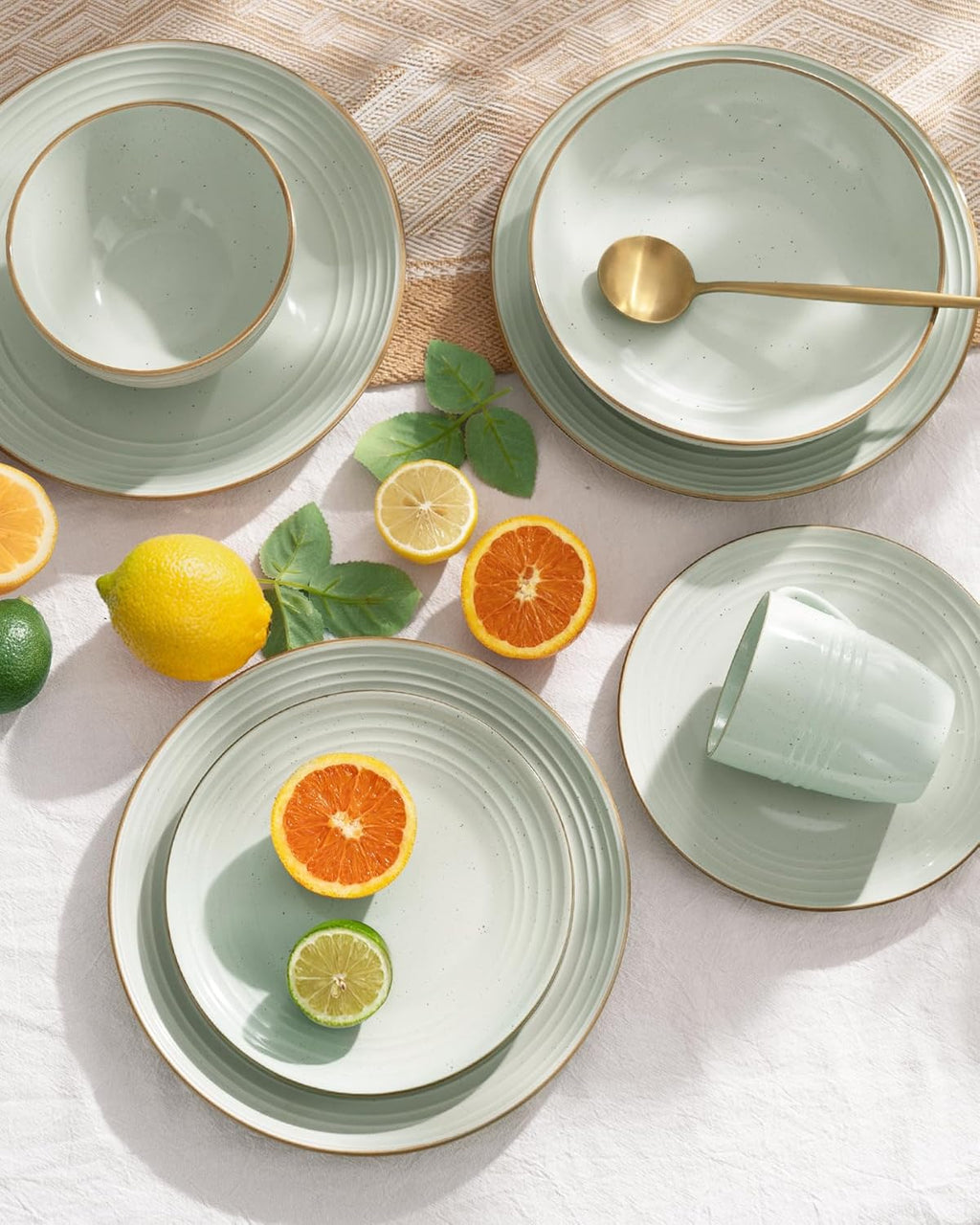 Famiware Jupiter 24-Piece Stoneware Dinnerware Set, Handcrafted Plates and Bowls with Speckles & Embossed Swirls, Chip/Scratch Resistant, Microwave/Dishwasher Safe, Rustic Dishes, Service for 8, Green