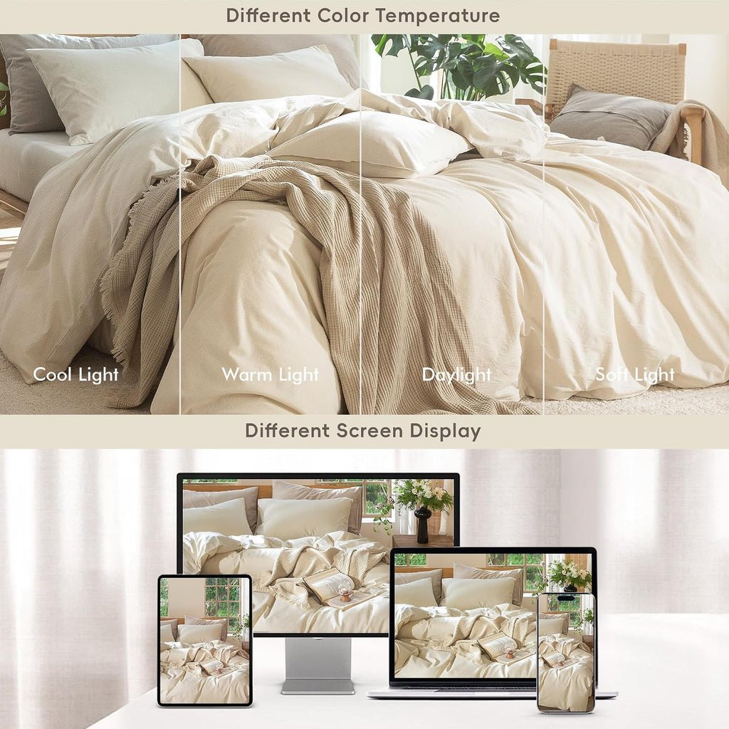MooMee Bedding Duvet Cover Set 100% Washed Cotton Linen Like Textured Breathable Durable Soft Comfy (Heathered Almond Milk Grey, Oversized King Plus 128'x120')