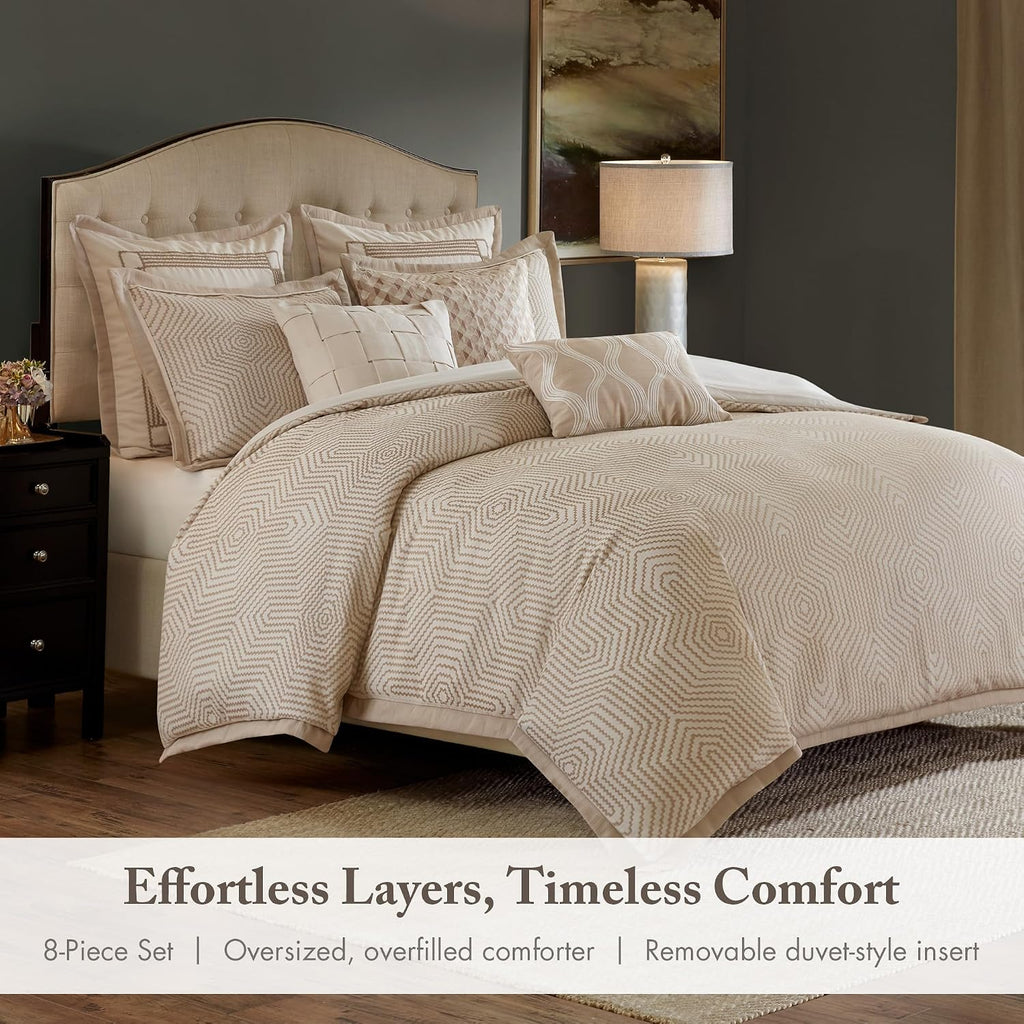 Madison Park Signature King Luxury Jacquard Comforter Set, Removable Duvet Cover with Insert, Oversized Overfilled Bedding, Hand-Guided Embroidered Texture Accents, Geometric Ivory, 9-Piece