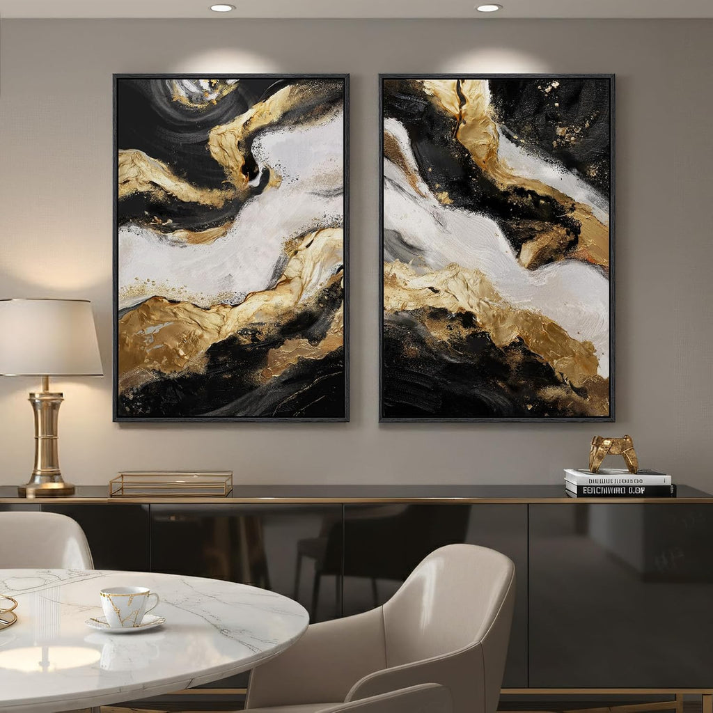 Framed Gold Abstract Wall Art Set of 2 for Living Room, Large Black White Modern Luxury Canvas Artwork for Walls, Contemporary Flow Marble Motifs Painting Print Wall Decor for Bedroom Office, 24x36 In