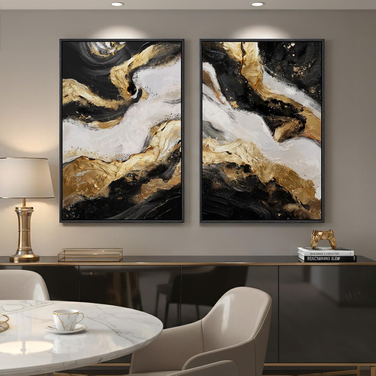 Framed Gold Abstract Wall Art Set of 2 for Living Room, Large Black White Modern Luxury Canvas Artwork for Walls, Contemporary Flow Marble Motifs Painting Print Wall Decor for Bedroom Office, 24x36 In
