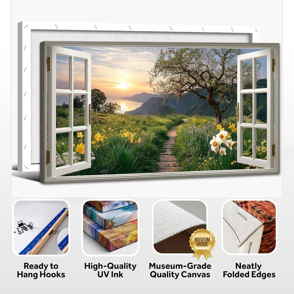 TIMUBA Spring Wall Art Decor - Fake Window Sunrise Coastal Scenery Canvas Painting, Spring Nature Mountains Landscape Wildflowers Pictures Wall Decor, Floral Framed Artwork for Living Room 60x30 Inch