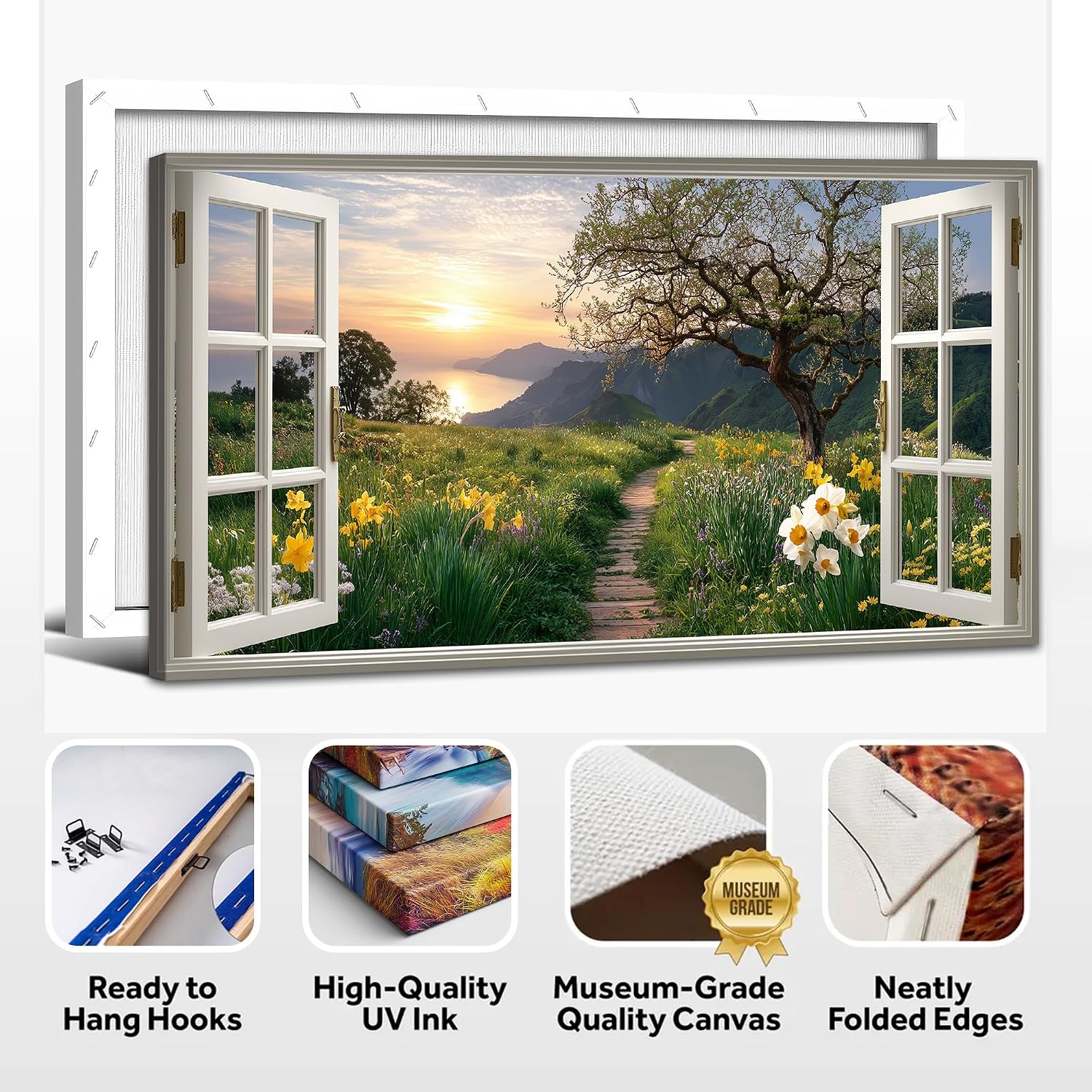 TIMUBA Spring Wall Art Decor - Fake Window Sunrise Coastal Scenery Canvas Painting, Spring Nature Mountains Landscape Wildflowers Pictures Wall Decor, Floral Framed Artwork for Living Room 60x30 Inch