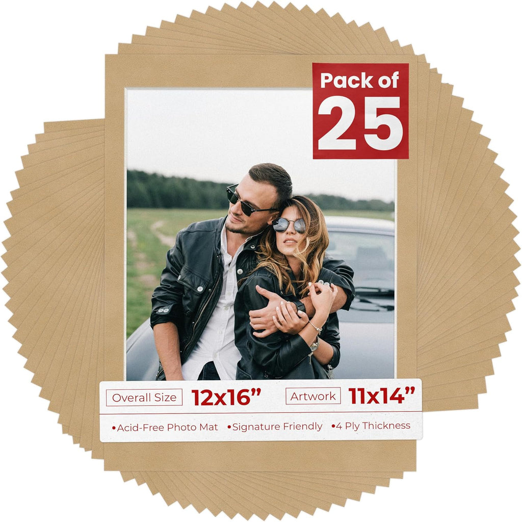 Poster Palooza Pack of 25 Acid Free 12x16 Mats Bevel Cut for 11x14 Photos - Beige Suede Precut Matboards for Pictures, Photos, Framing - 4-ply Thickness