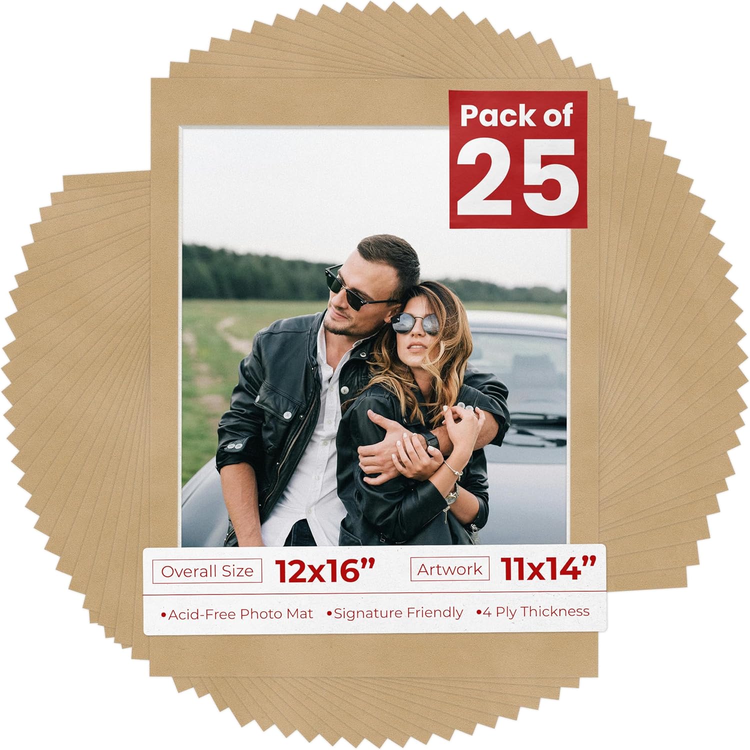 Poster Palooza Pack of 25 Acid Free 12x16 Mats Bevel Cut for 11x14 Photos - Beige Suede Precut Matboards for Pictures, Photos, Framing - 4-ply Thickness