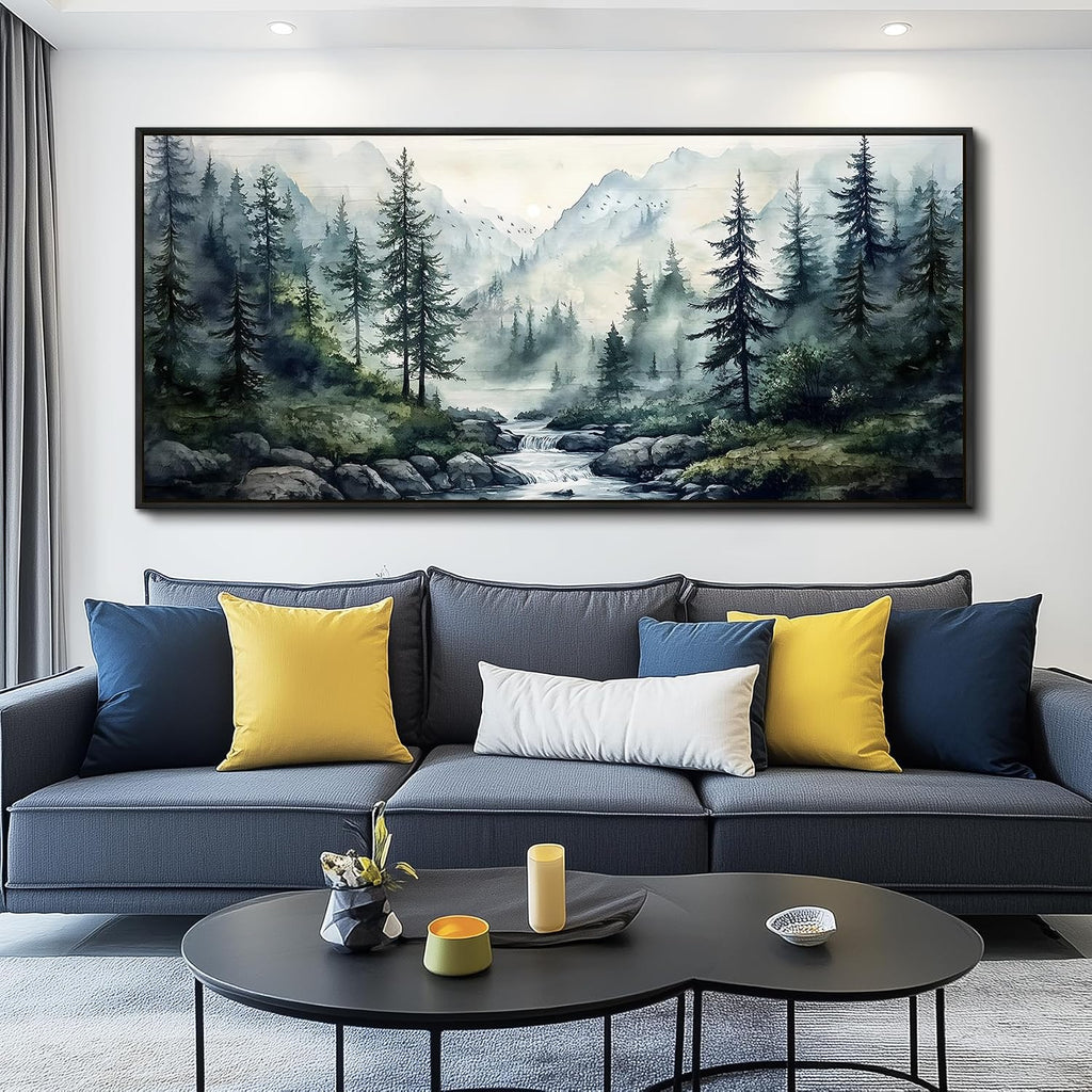 ZUITINGHUA Black Framed Canvas Wall Art For Living Room Large Wall Decor For Office Bedroom Decoration Misty Forest Picture Tree landscape Paintings Artwork Wall Mural Aesthetic Home Decor 32x72 In